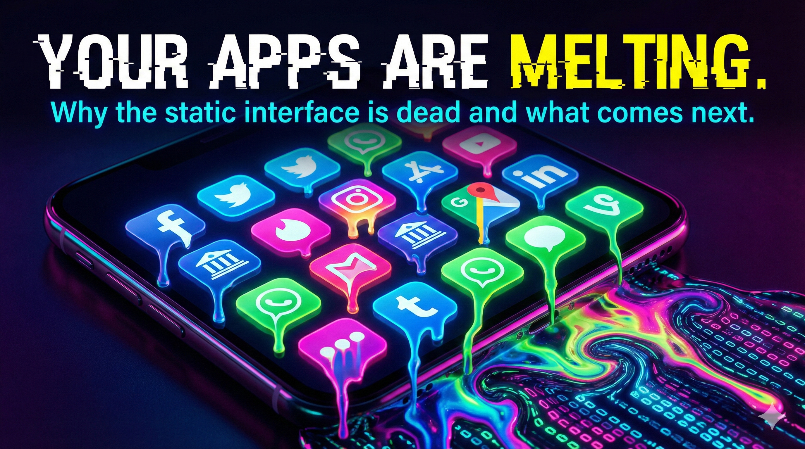 Abstrakte Darstellung verschmelzender Smartphone-Icons, die das Ende klassischer Apps symbolisieren